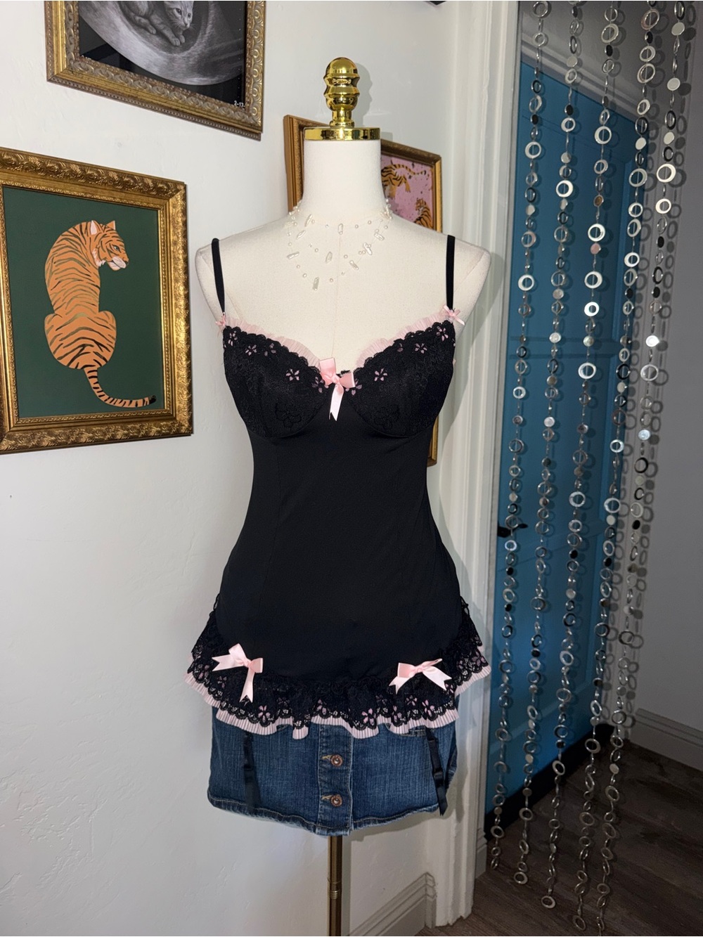 Vintage Y2K Black & Pink Lace Cami Chemise with Bows - Women Intimates